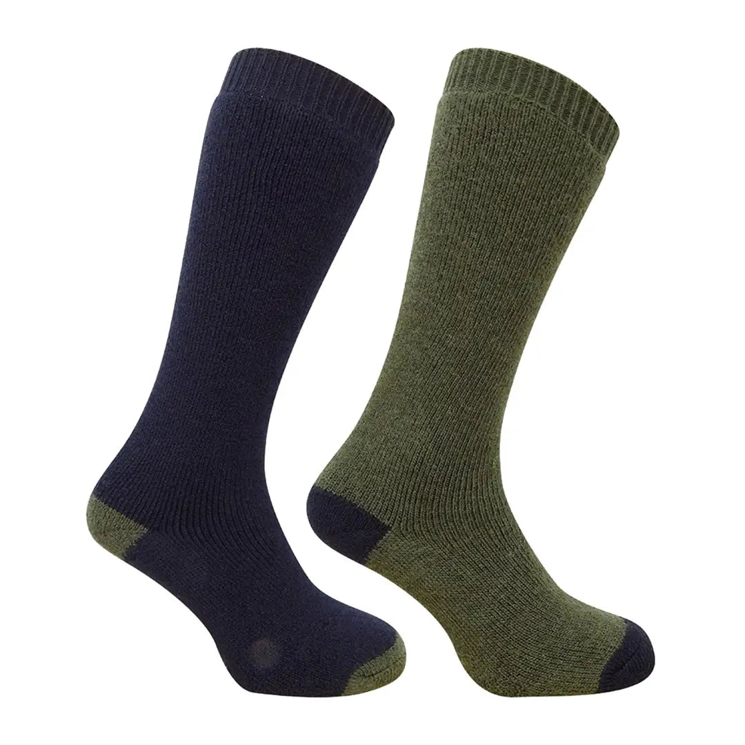 Thick navy blue and olive green Fife Country Long socks in a stylish twin pack