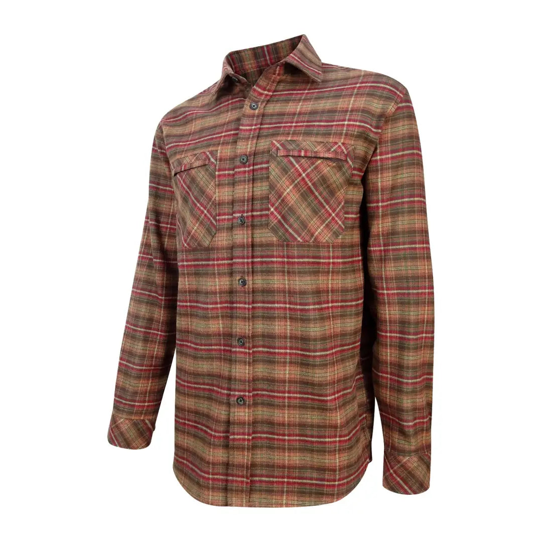 Plaid flannel button-up shirt in brown and red, perfect for Countrysport Luxury Hunting