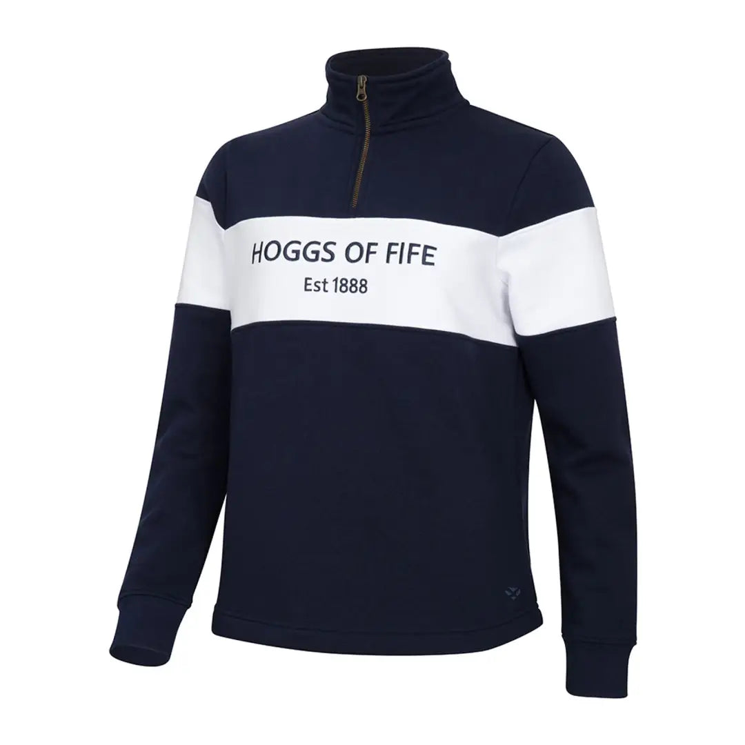 Navy and white ladies quarter zip sweatshirt with HOGGS OF FIFE Est 1888 design