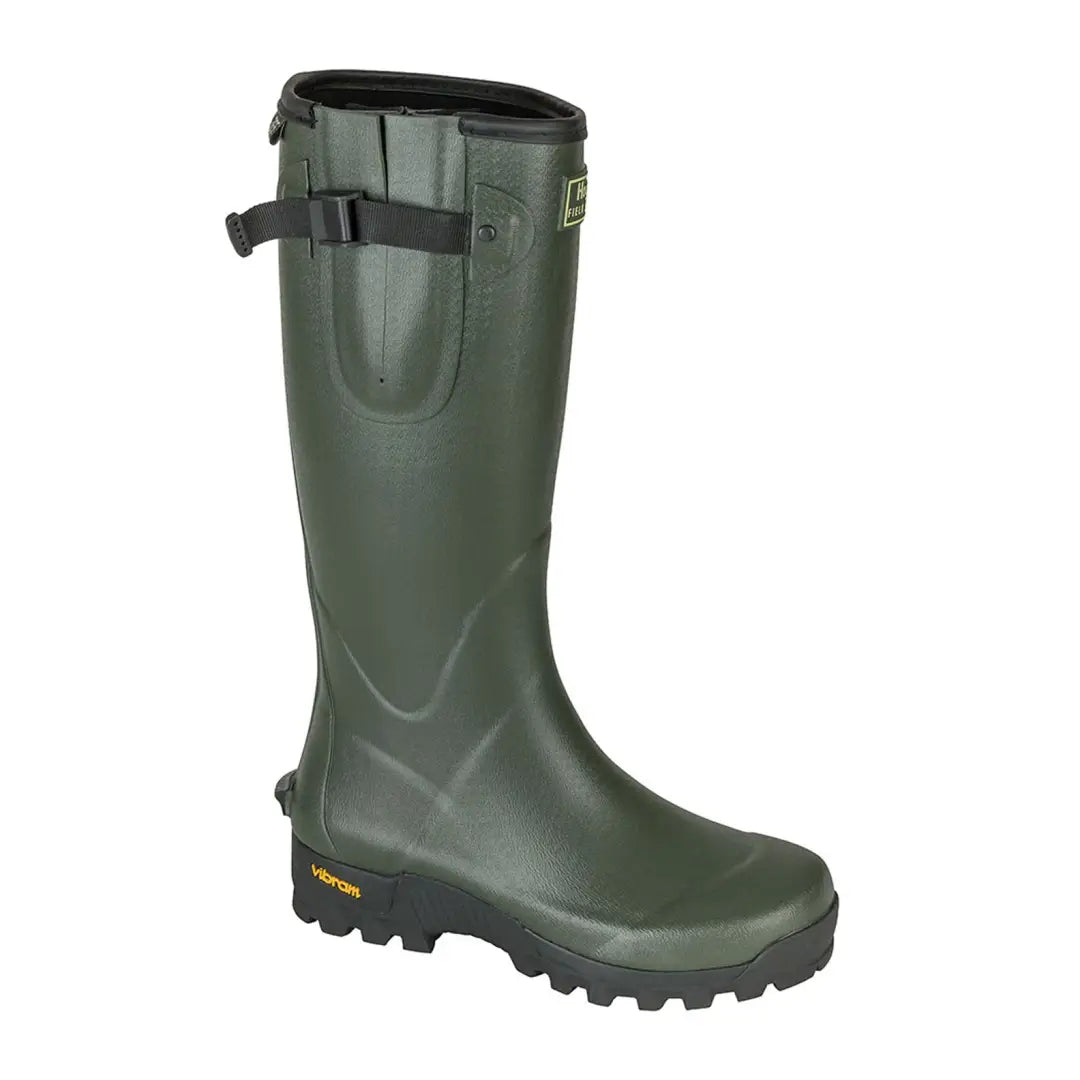 Green rubber Wellington boot with adjustable strap, perfect for field sport adventures