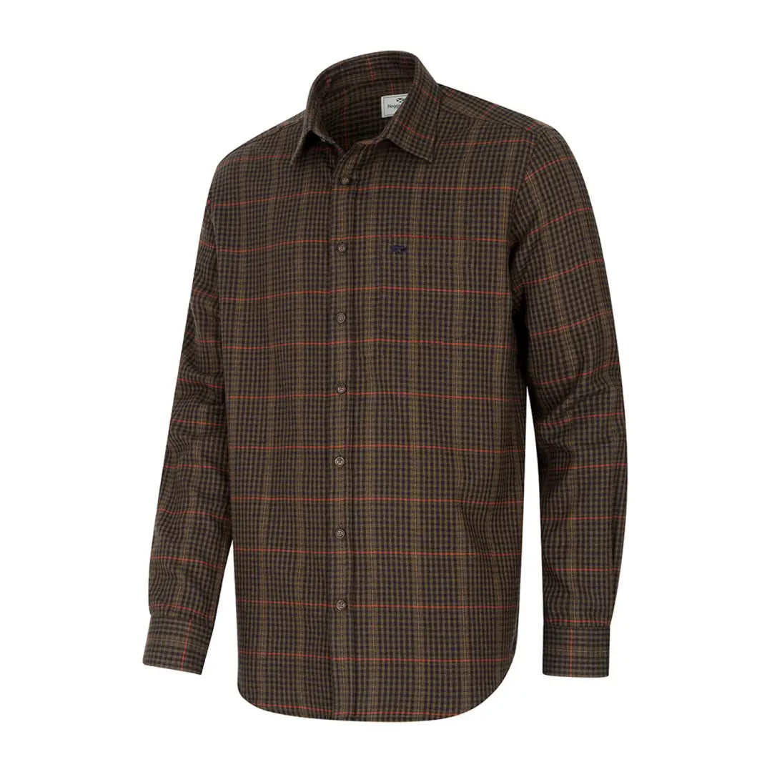 Brown plaid long-sleeved button-up shirt from Hoggs of Fife for country clothing and outdoors