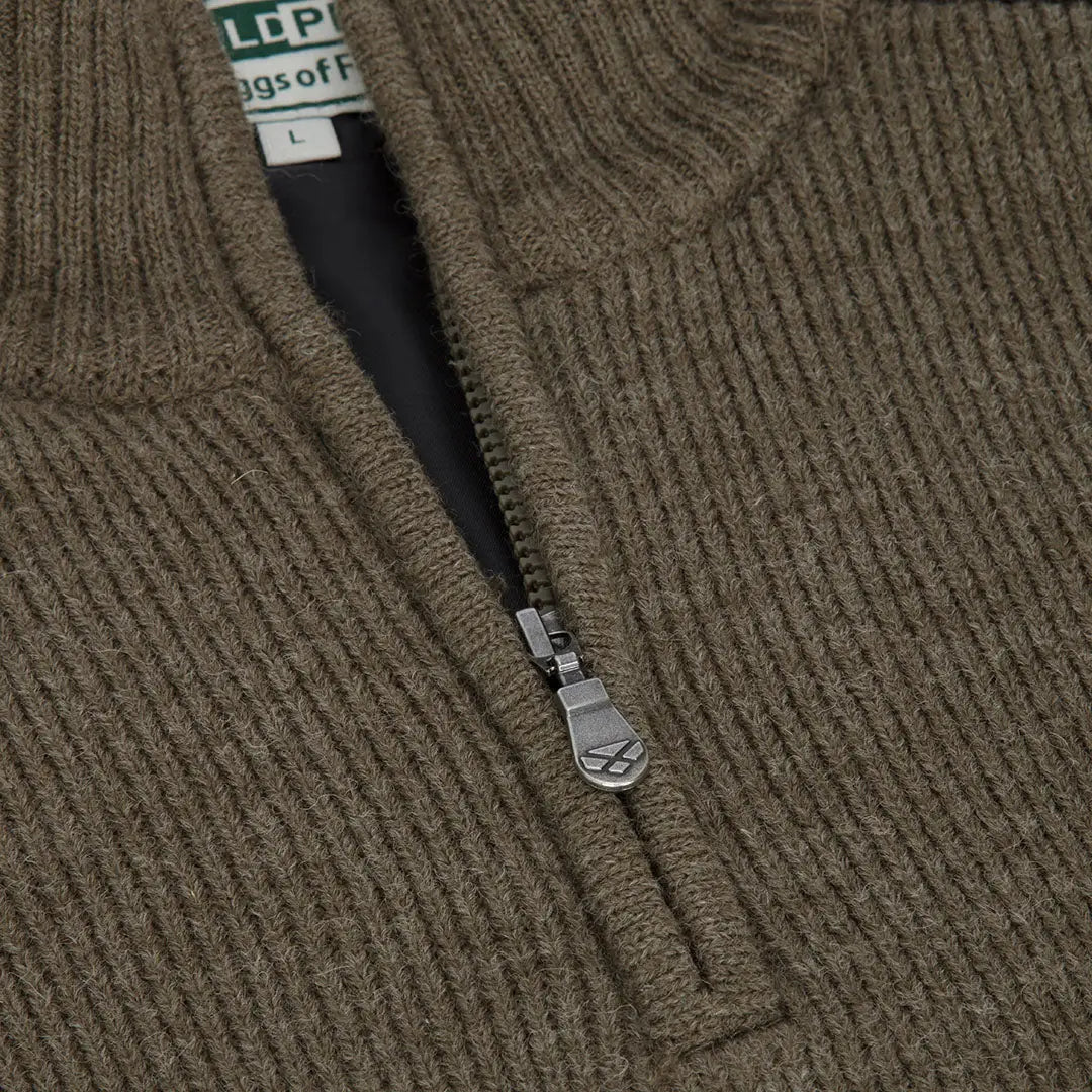 Olive green ribbed zip neck windproof pullover with metal zipper from Hoggs Of Fife