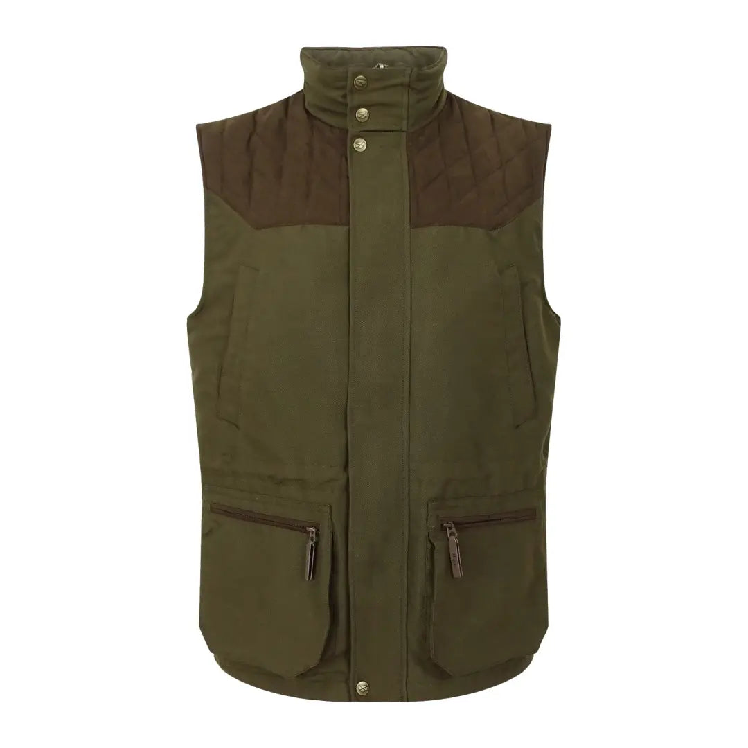 Olive green Kincraig Field Waistcoat with brown patches and pockets for outdoor style