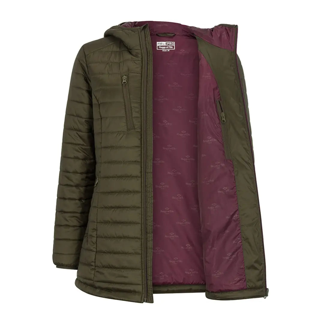 Olive green Kingston Ladies Hooded Jacket with burgundy lining and zippered front