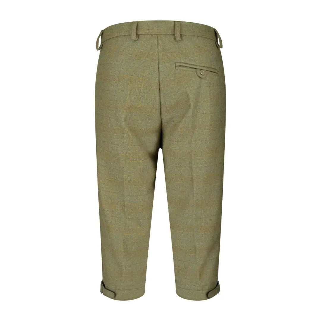 Olive green knee-length trousers with cuffed hems, perfect for Kinloch Technical Tweed Breeks