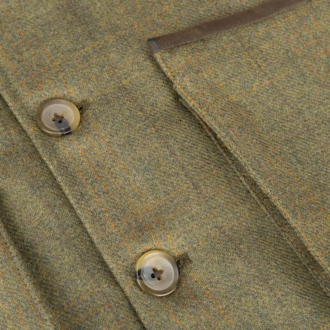 Olive green tweed fabric with buttons and seams for Kinloch Technical Tweed Waistcoat