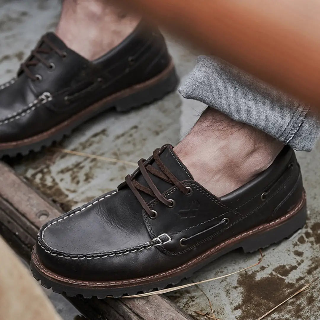 Dark leather Fife Kintyre Rugged Moccasins with thick soles and stylish stitching