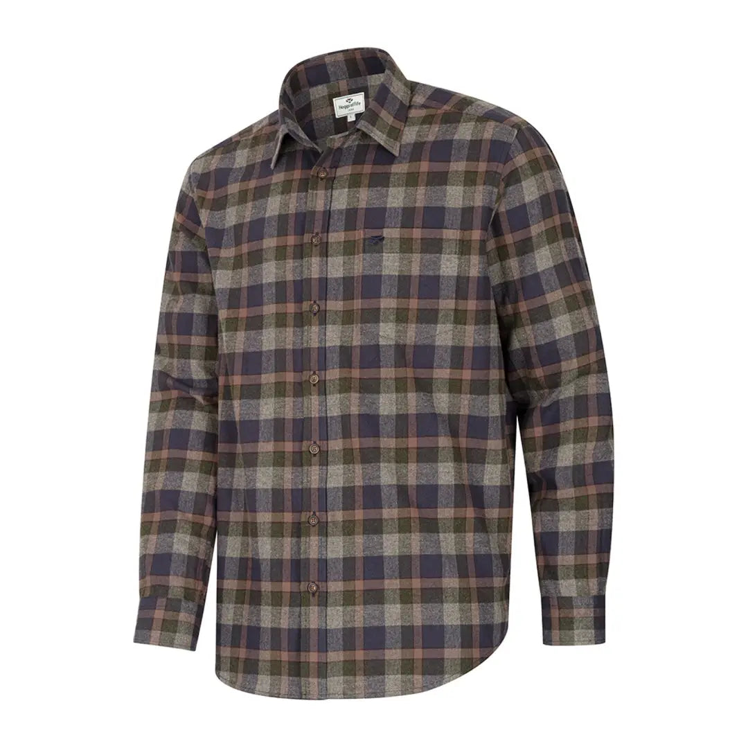 Plaid flannel button-up shirt in earthy tones ideal for country clothing and outdoor adventures