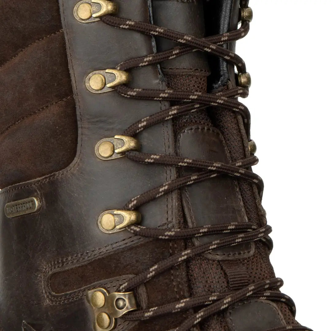 Rugged brown leather hiking boot with brass eyelets, perfect for Fife laces and country clothing