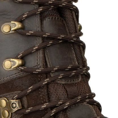 Rugged brown leather hiking boot with metal lace hooks for Fife Laces country adventures