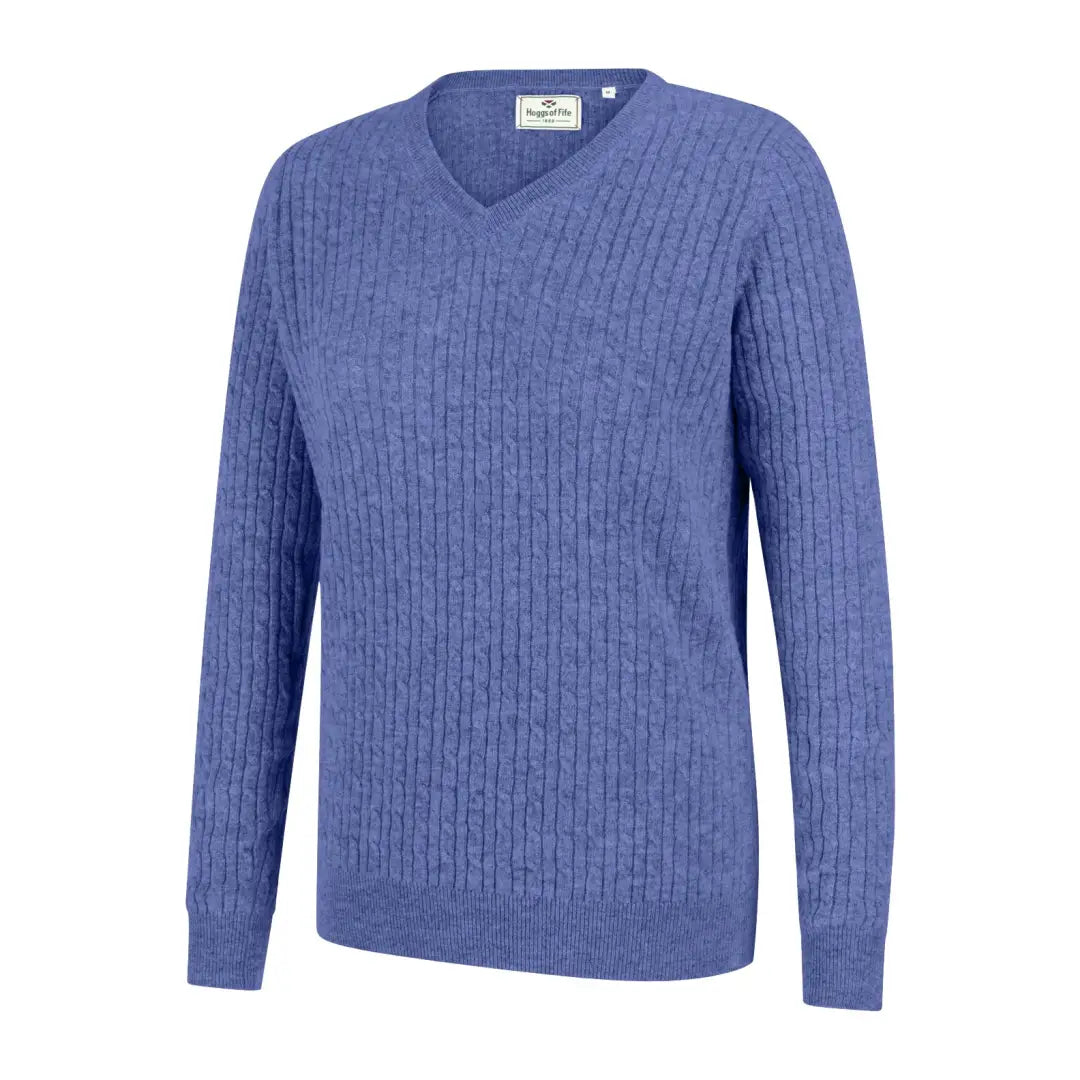 Blue cable-knit V-neck sweater from Hoggs of Fife Lauder Ladies collection