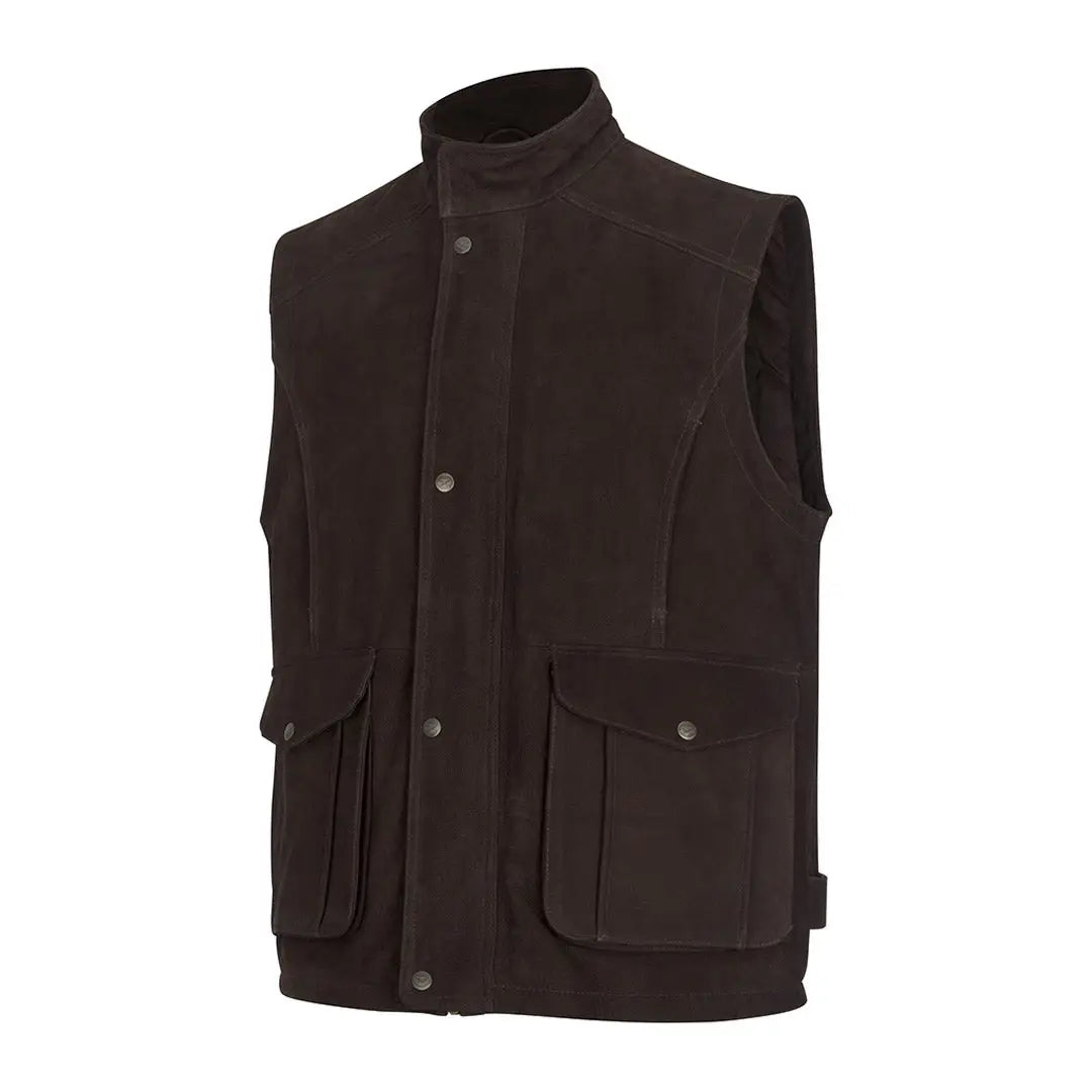 Dark brown Fife Lomond leather waistcoat with pockets and snap closures