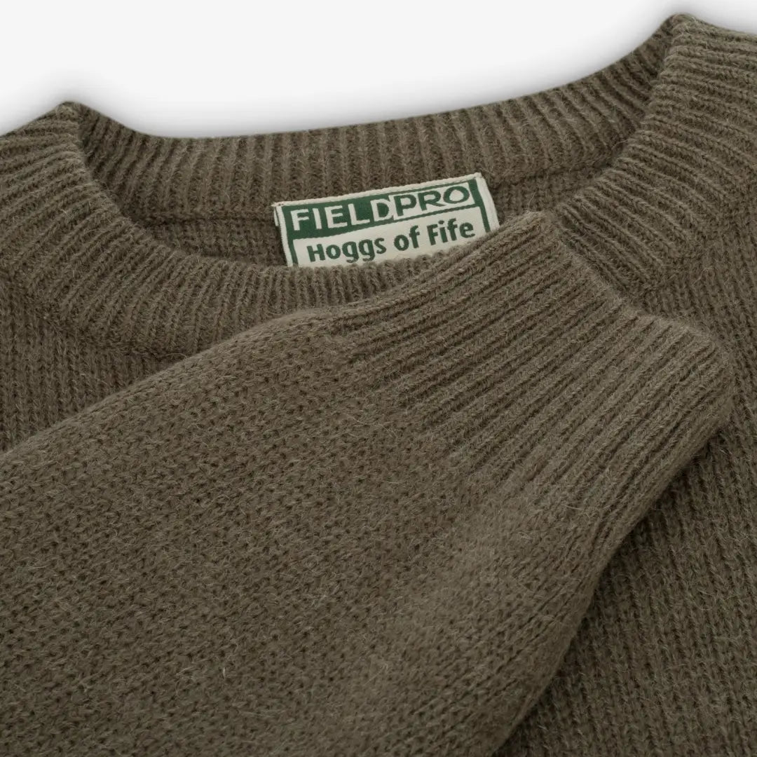 Olive green knit sweater with Fieldpro Hoggs of Fife label for Melrose Hunting Pullover