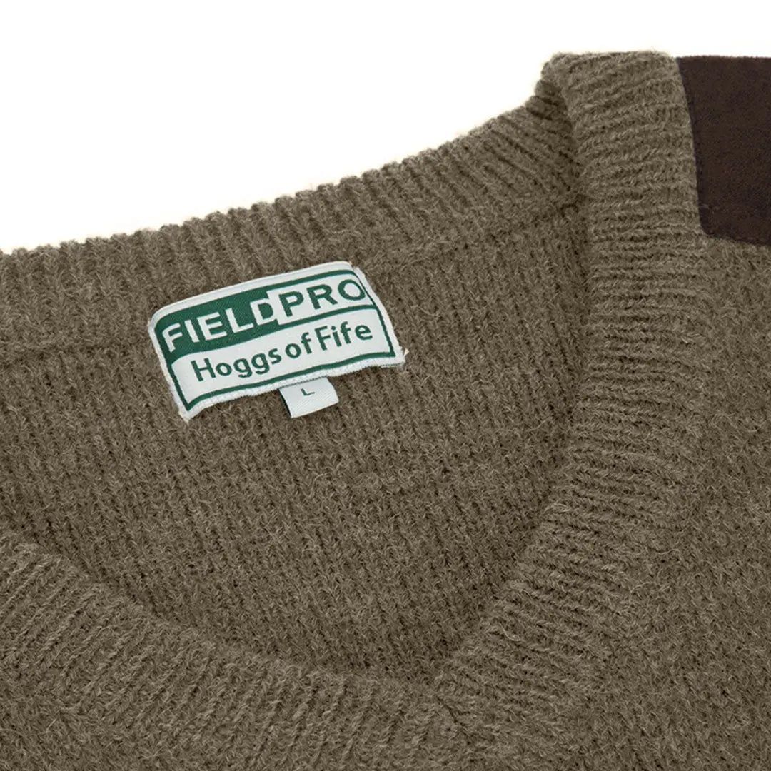 Olive green knit sweater with Fielpro Hoggs of Fife label, perfect for Melrose V-Neck Hunting