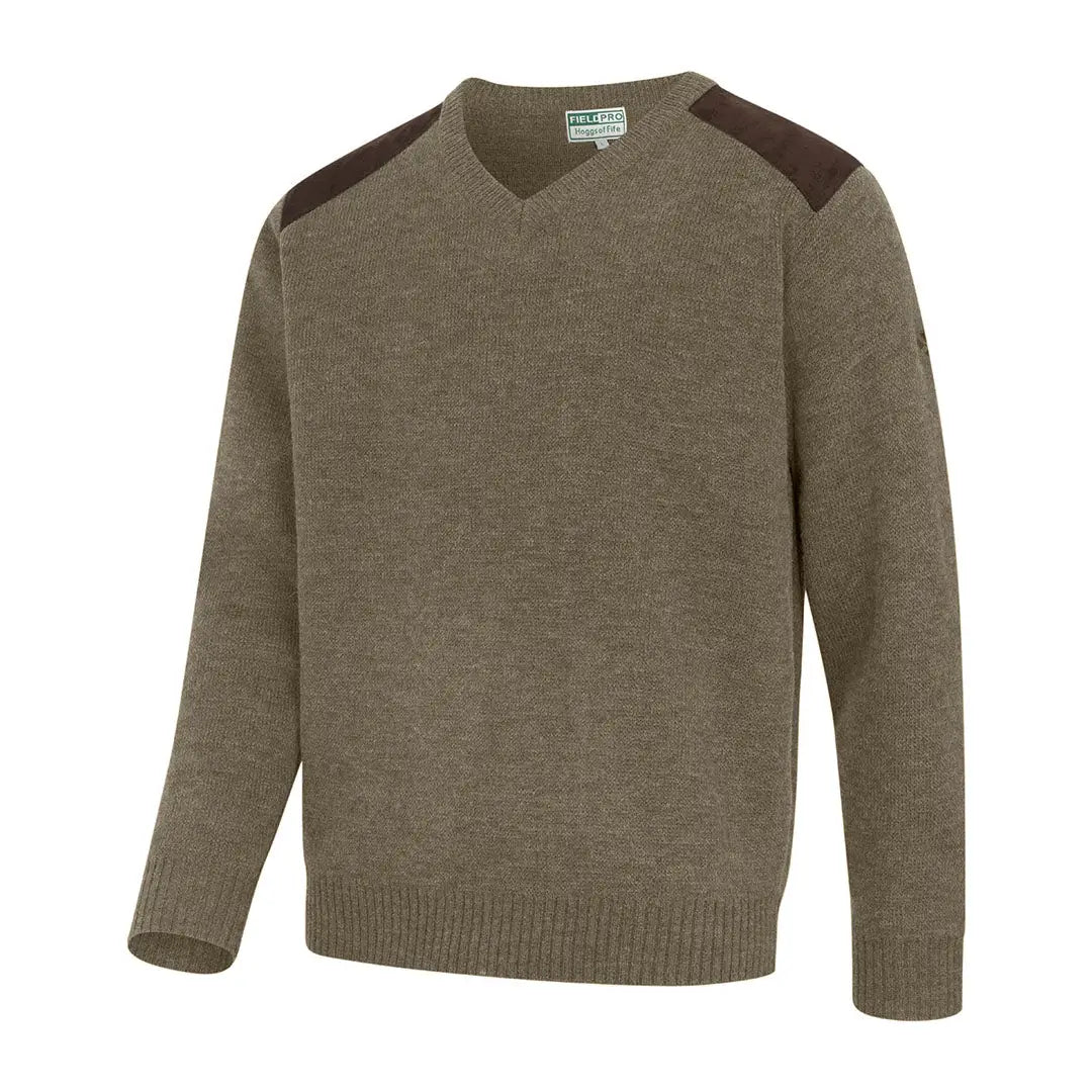 Olive green V-neck pullover with brown patches, perfect for Melrose v-neck hunting