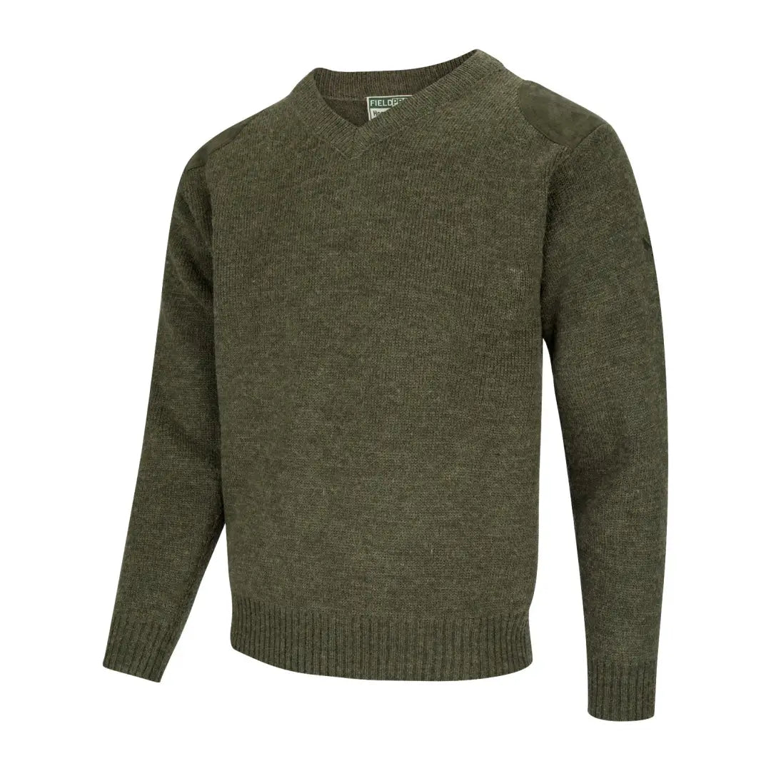 Olive green knit crew neck sweater from Hoggs Of Fife Melrose V-Neck Hunting Pullover