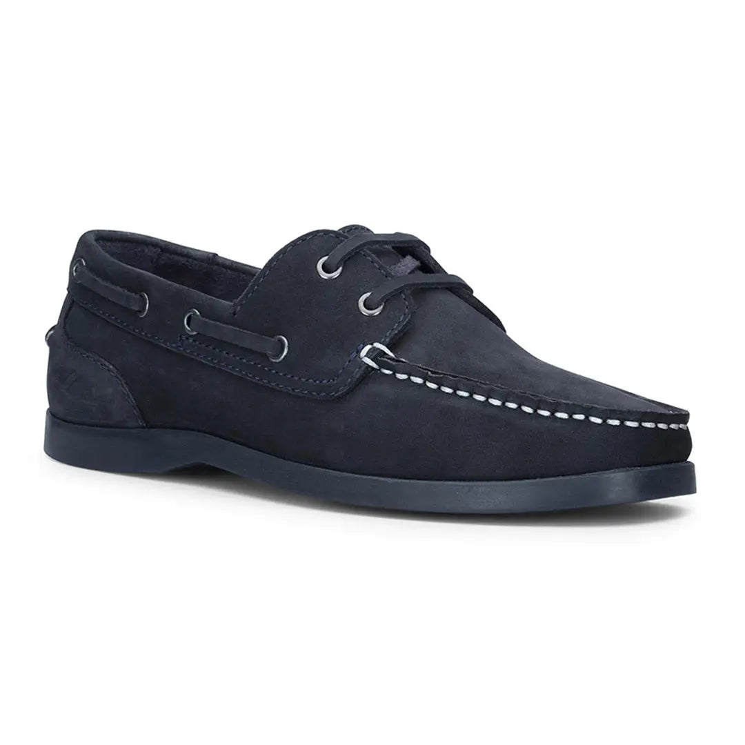 Navy blue leather Fife Mull Deck Shoes with white stitching and laces