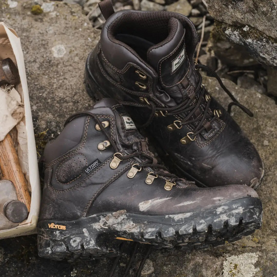 Rugged black leather Fife Munro hiking boots with thick treaded soles for outdoor adventures