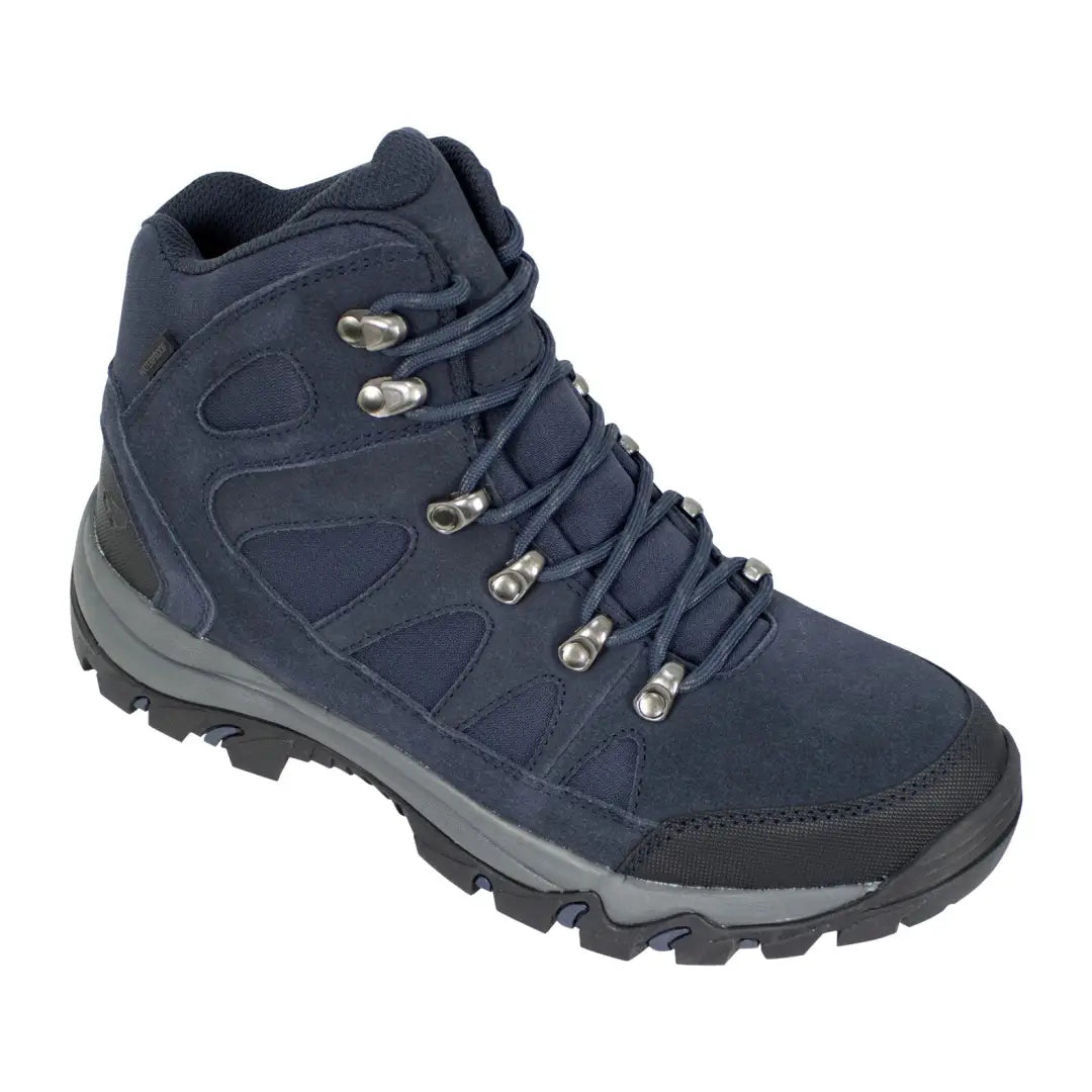 Navy blue Hoggs Of Fife Nevis Waterproof Hiking Boots with gray sole and metal hooks