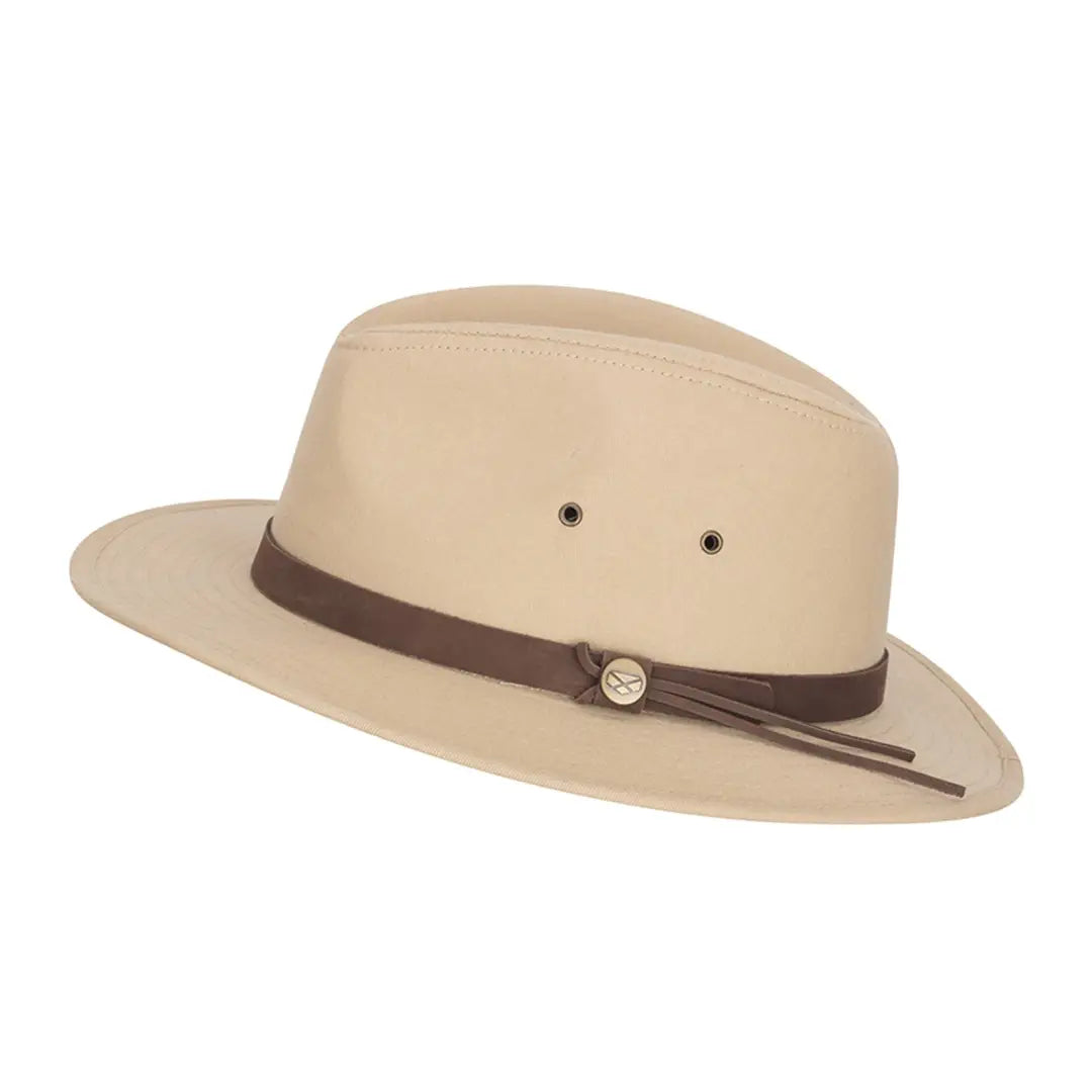 Beige fedora-style hat with brown band, perfect for country clothing and outdoor adventures