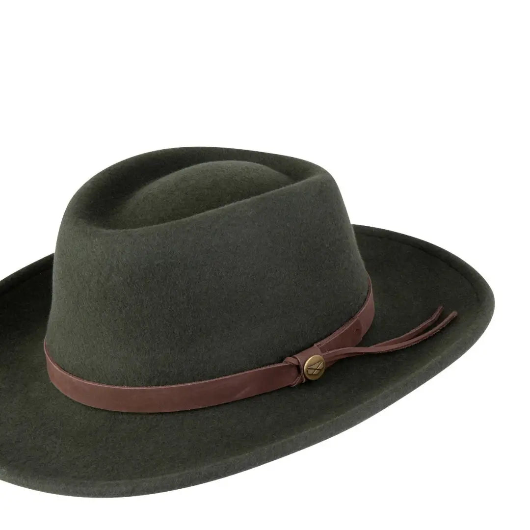 Dark green Fife Perth Crushable Felt Hat with brown leather band for stylish adventures