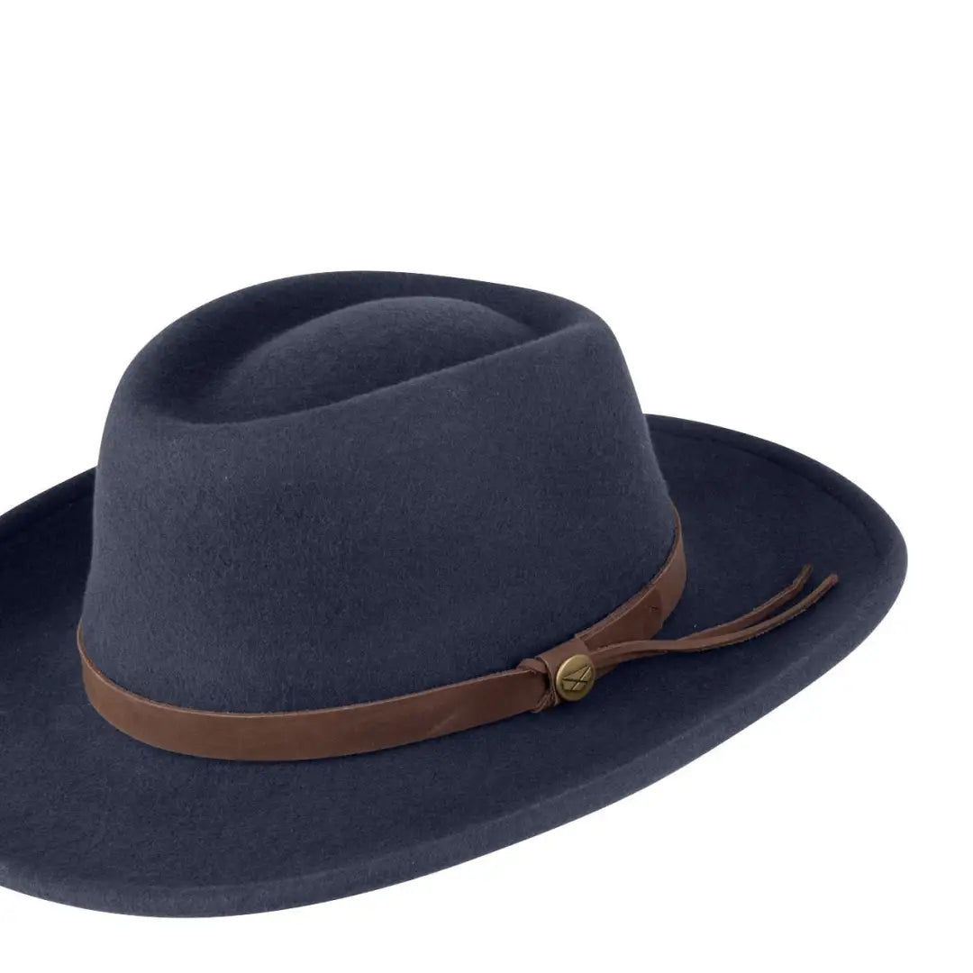 Navy blue fedora with brown leather band from the Fife Perth collection, previously called Boston