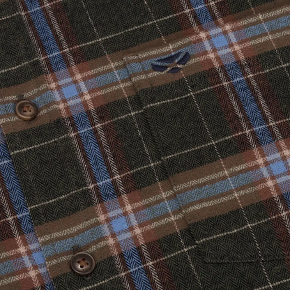 Plaid fabric of the Hoggs of Fife Pitlessie Shirt in brown, blue, and white with buttons