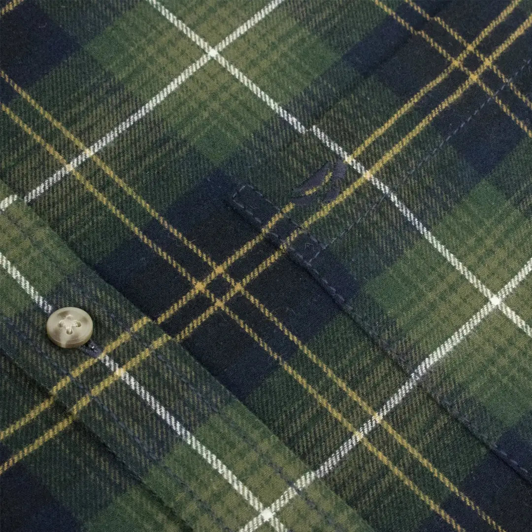 Plaid fabric in green, navy, and white on Hoggs of Fife Pitmedden shirt with button