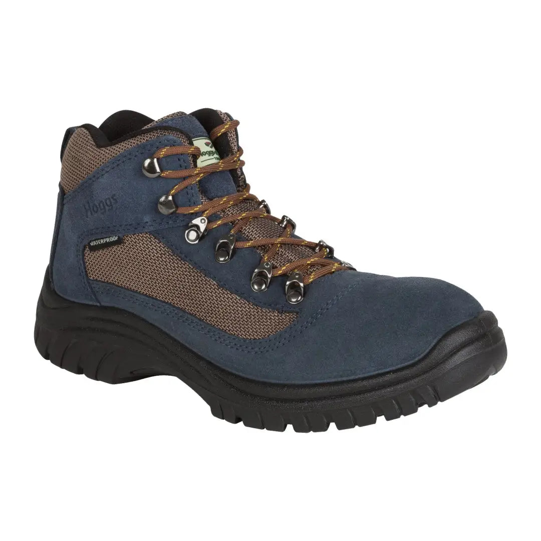 Rugged blue and brown Fife Rambler waterproof hiking boots with thick black sole