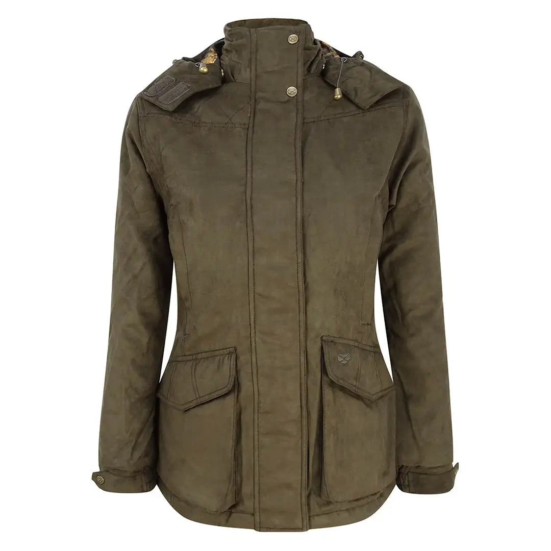 Olive green Hoggs of Fife Rannoch ladies hunting jacket with pockets and high collar