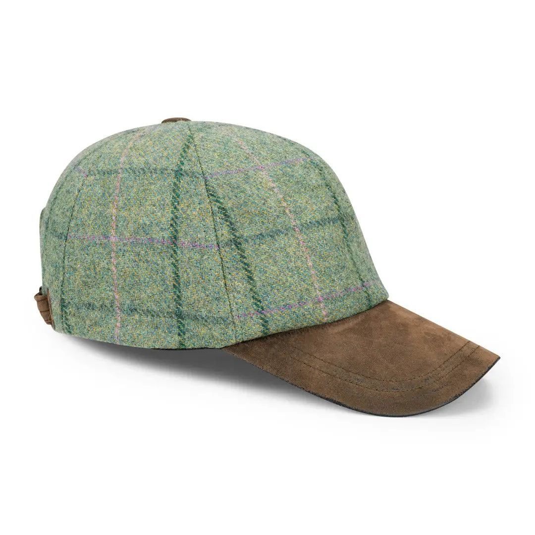 Green tweed baseball cap with brown leather brim, ideal country cap for Fife Roslin Ladies