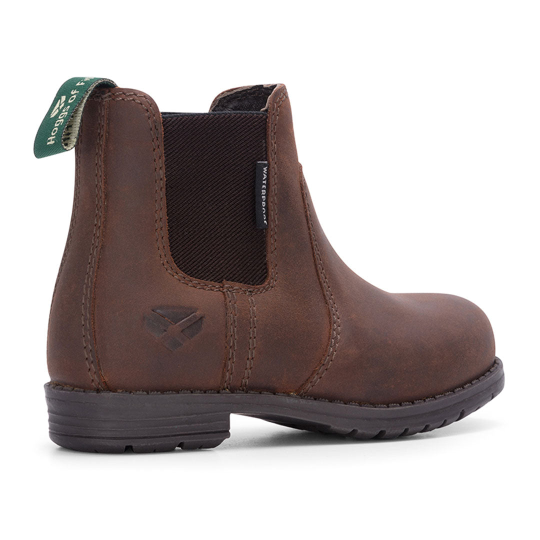 Brown leather Chelsea boot for kids, perfect for country clothing and outdoor adventures