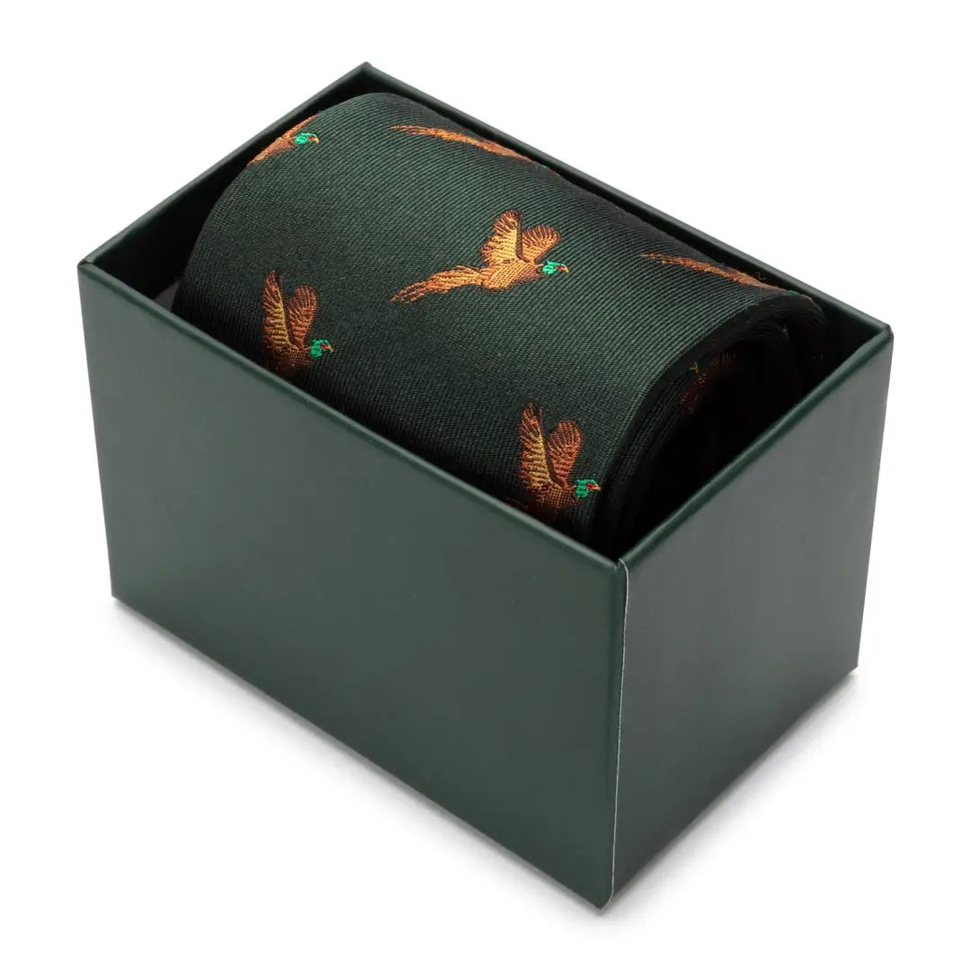 Dark green Fife Silk Country Tie with golden pheasants in matching box