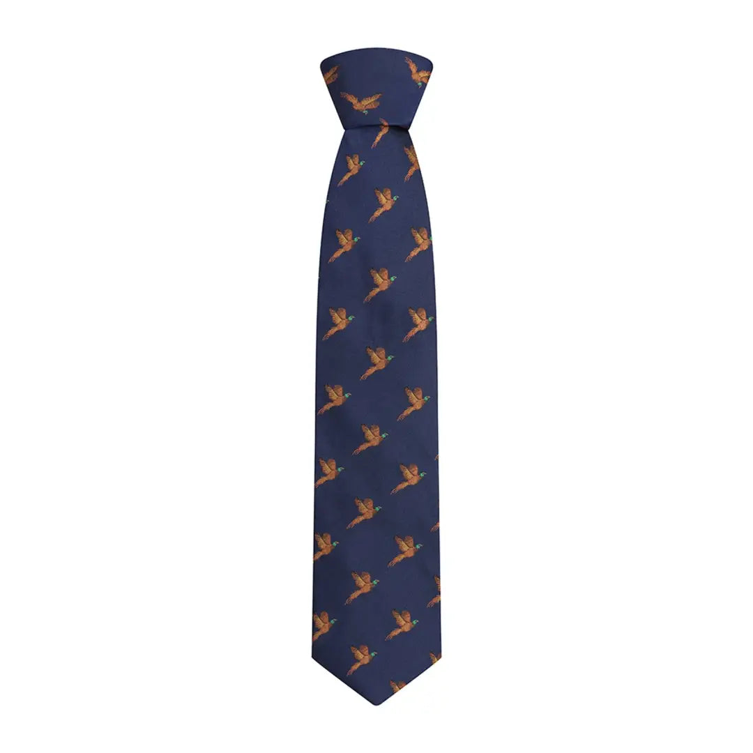 Navy blue Fife Silk tie with orange flying pheasants perfect for country clothing and hunting