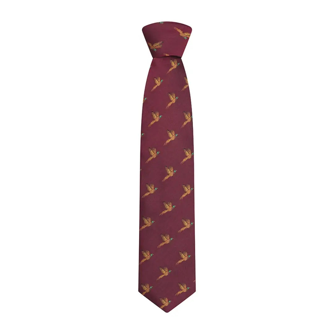 Burgundy Hoggs of Fife Silk Country Tie with gold pheasant pattern for stylish flair