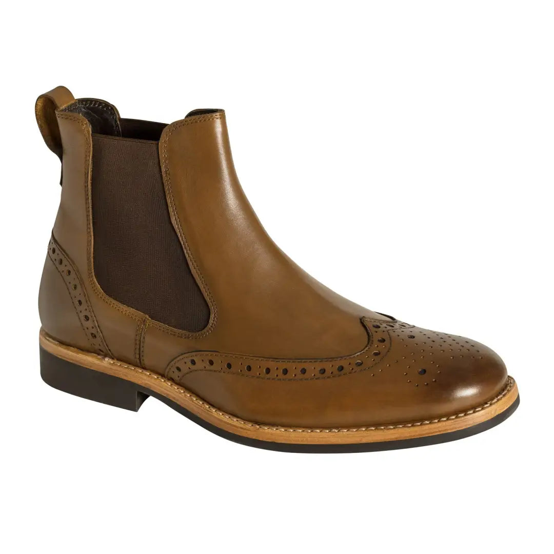 Brown leather Chelsea boot with brogue detailing for country clothing and outdoors adventures