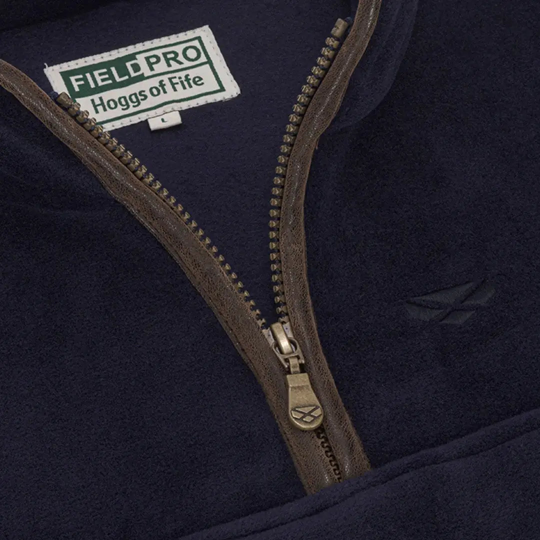 Navy blue zip fleece jacket with brown zipper, styled for country clothing and hunting