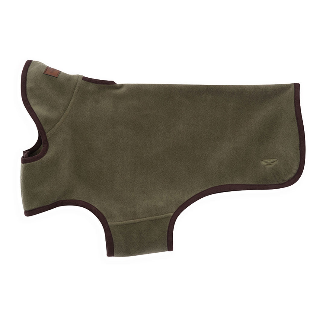 Olive green dog coat with brown trim from Hoggs of Fife for stylish country outings