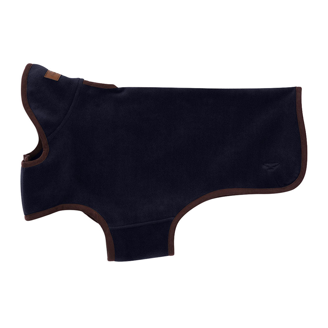 Navy dog coat with brown trim from Hoggs of Fife perfect for country clothing adventures