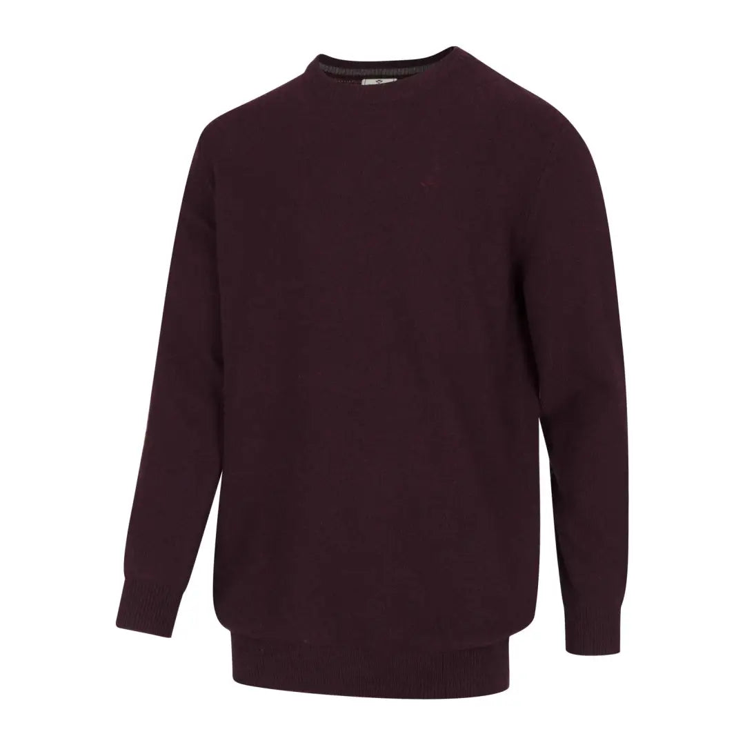 Burgundy crew neck pullover with ribbed cuffs in Fife Stonehaven style