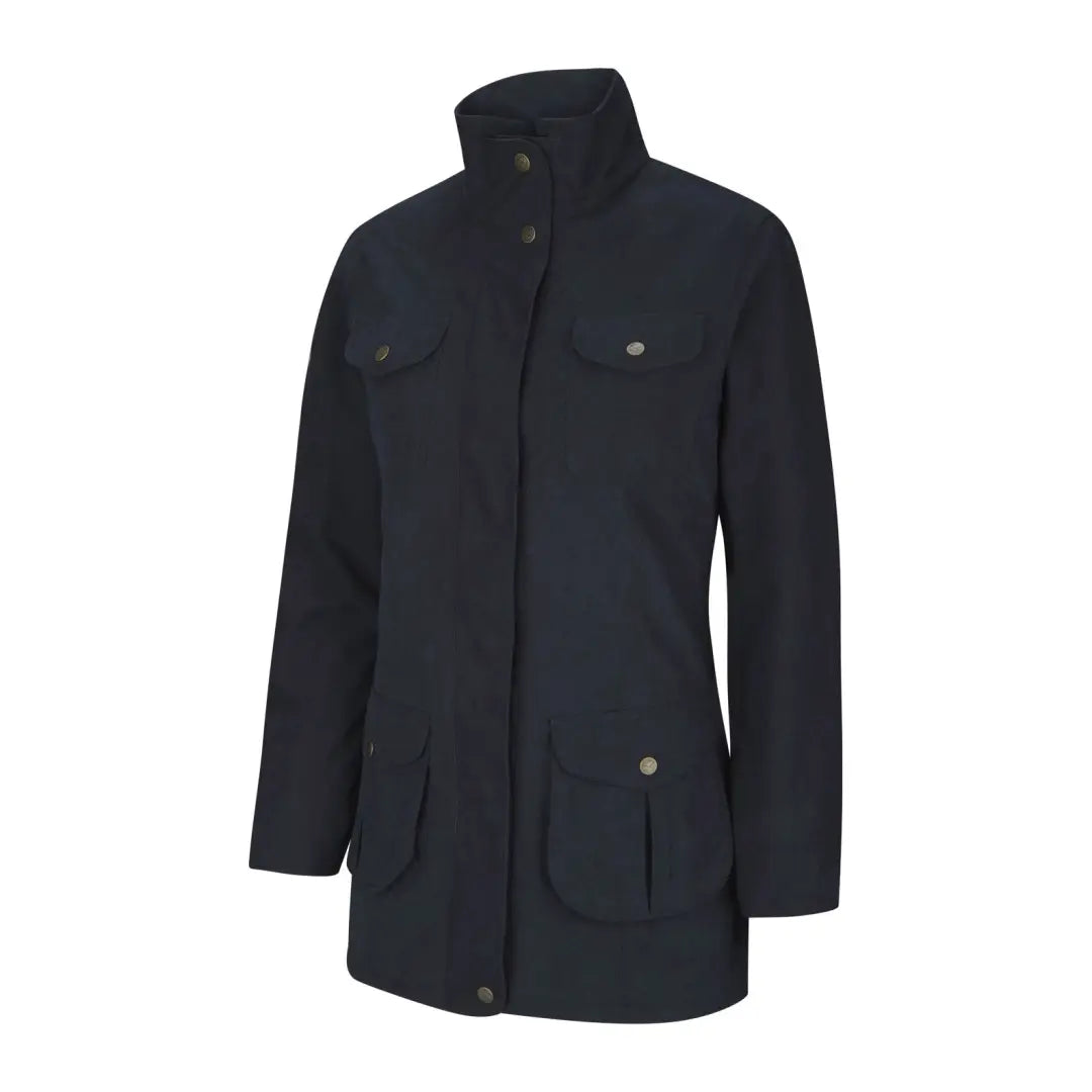 Dark blue Hoggs of Fife Struther ladies field coat with multiple pockets and high collar