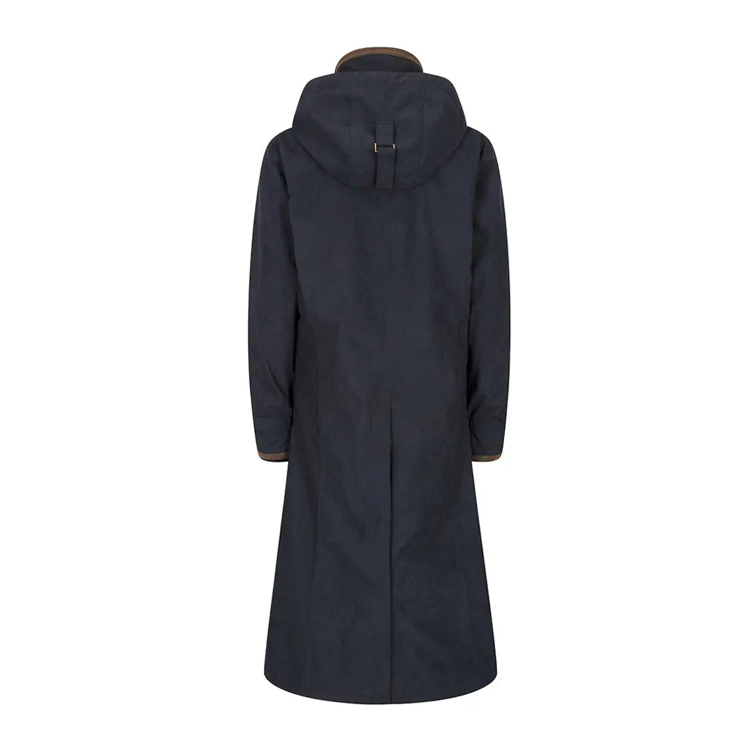 Long navy blue coat with hood and collar, perfect for stylish riding adventures