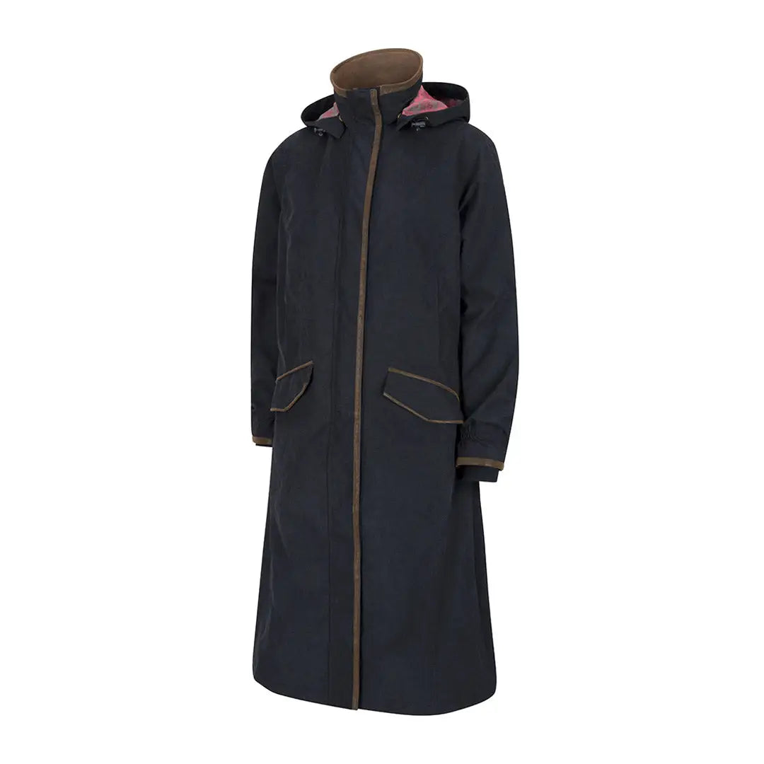 Long black winter coat with hood and zipper, ideal long riding coat from Hoggs of Fife