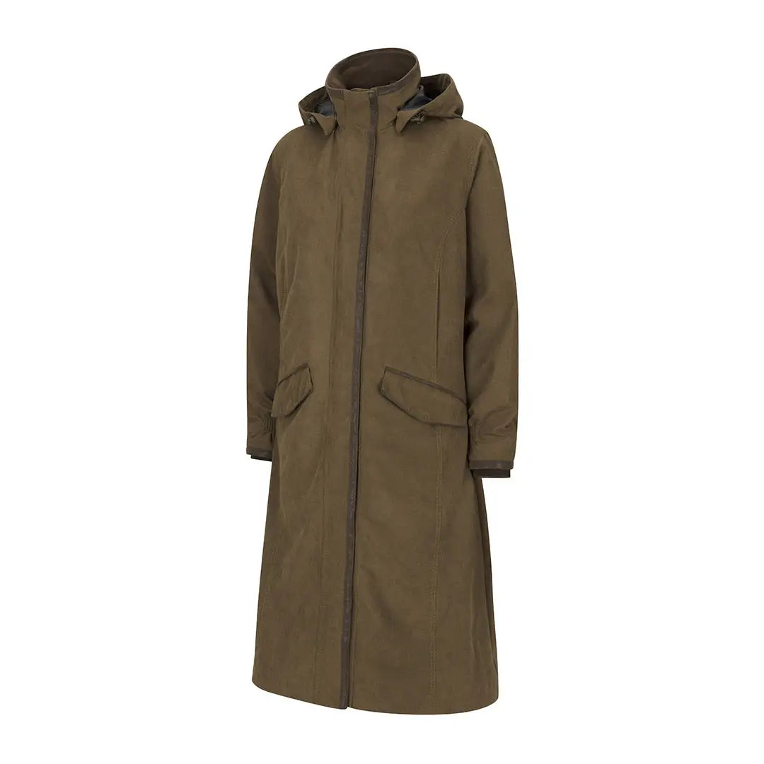 Long olive green hooded coat with pockets perfect for riding, Hoggs of Fife Struther Ladies Riding Coat