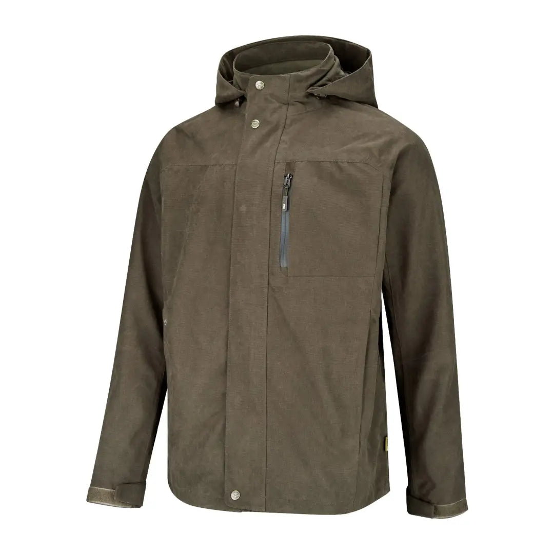 Olive green Fife Struther Waterproof Jacket with zippered chest pocket for outdoor adventures