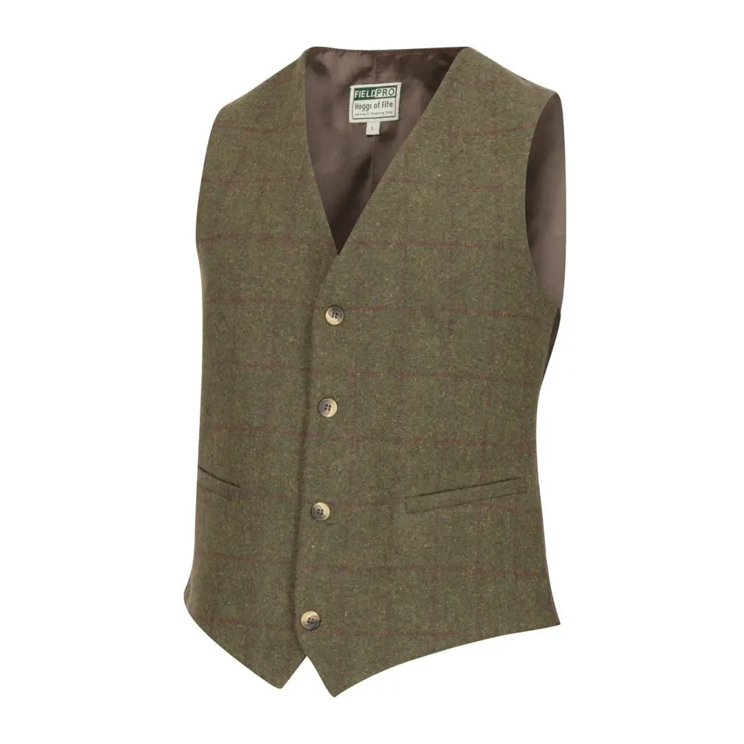 Olive green Fife Tummel tweed dress waistcoat with four buttons for a stylish look