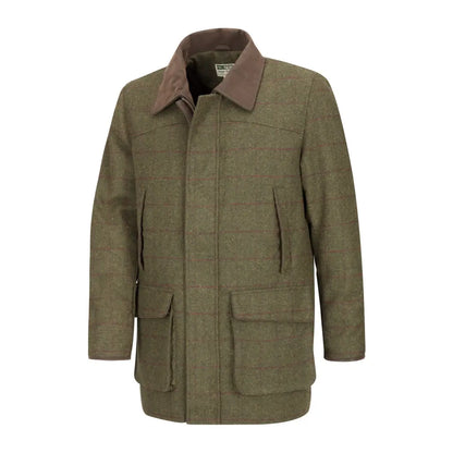 Olive green Hoggs of Fife Tummel Tweed Field Coat with brown collar and pockets