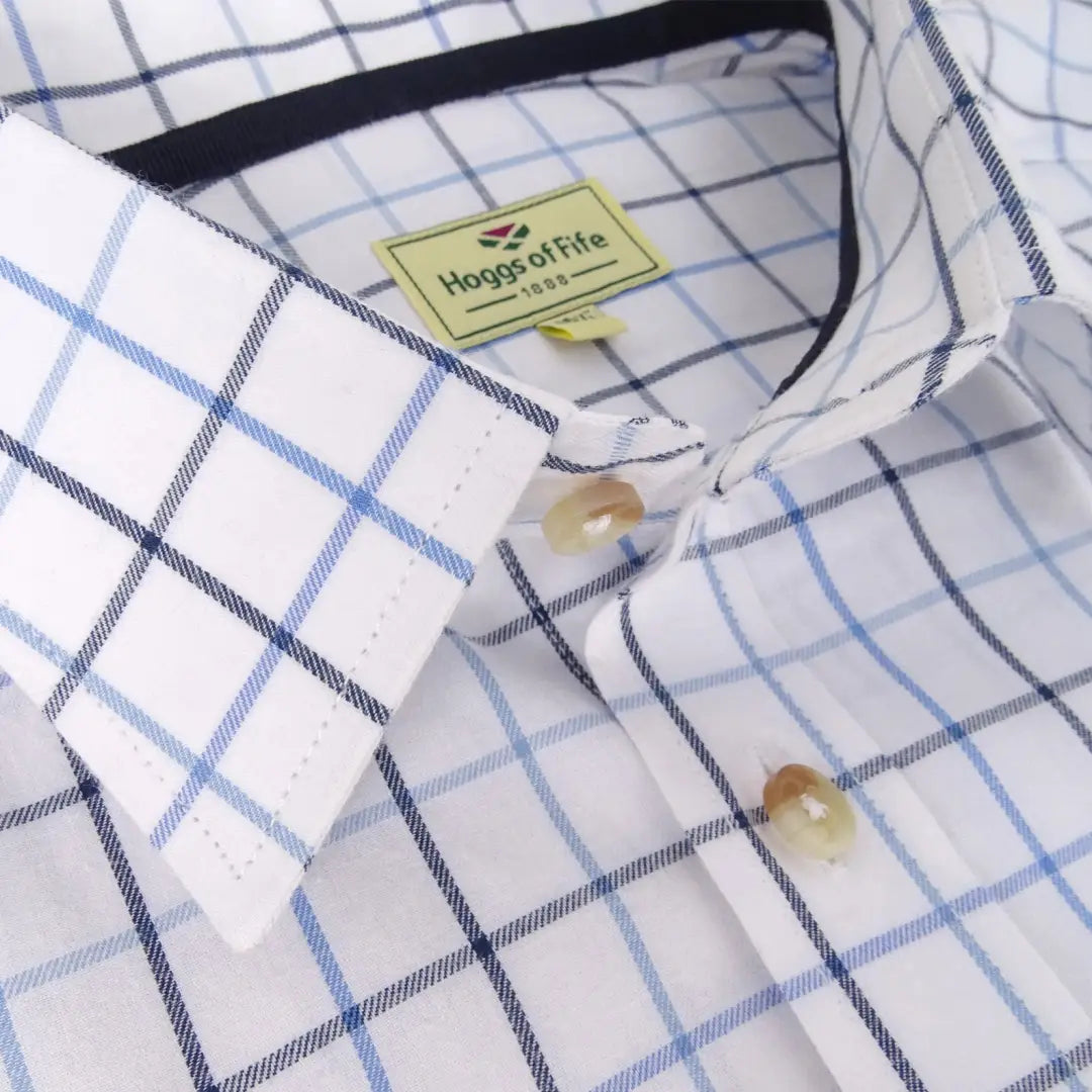 White dress shirt with a blue and navy checkered pattern from Fife Viscount Premier Tattersall