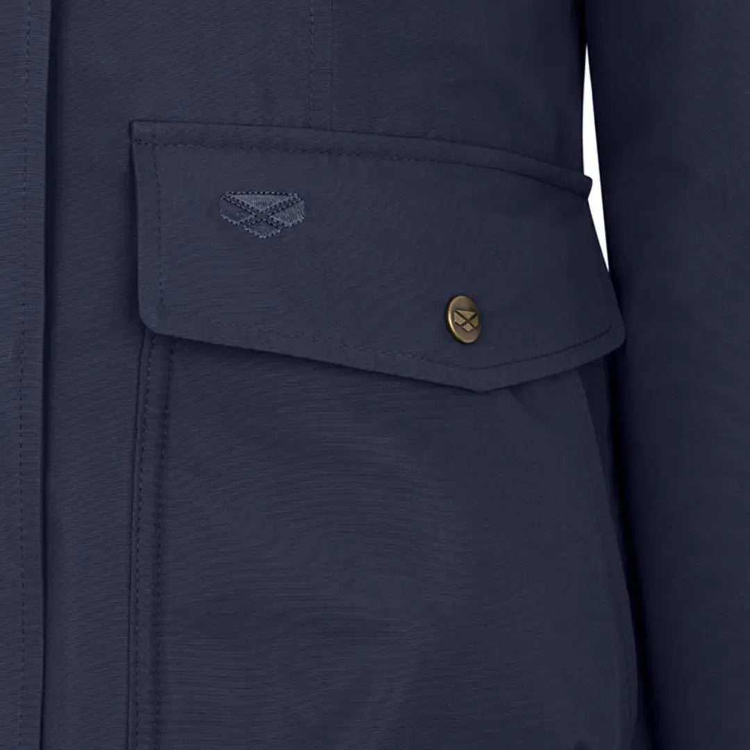 Navy blue jacket pocket with brass button on Hoggs of Fife Walker Ladies Long Coat