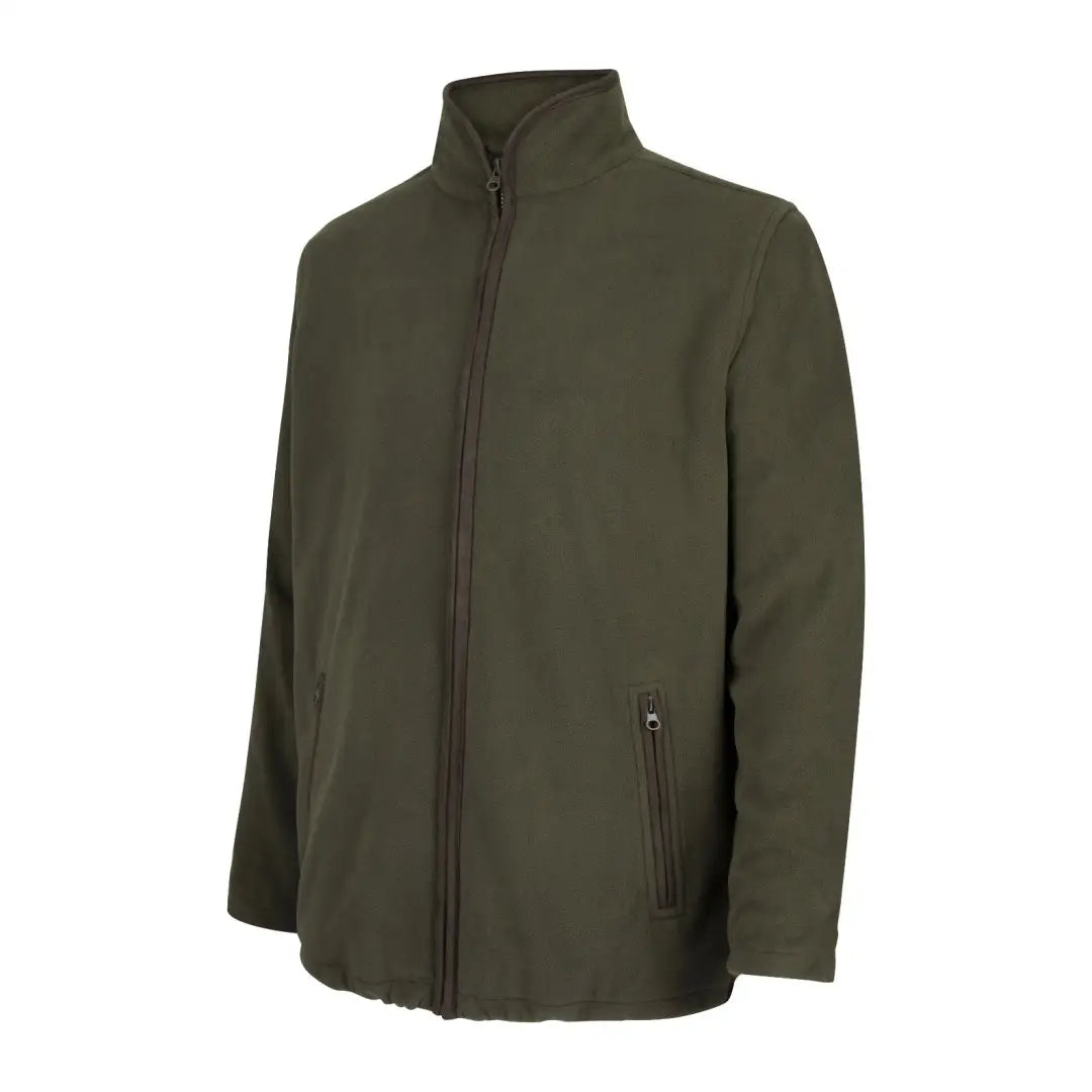 Olive green zip-up Fife Woodhall fleece jacket with high collar and side pockets